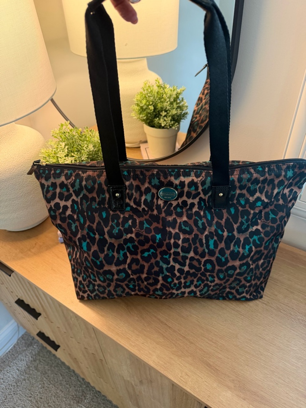 Coach Leopard-Print Tote with Teal Accents - Picture 3 of 8